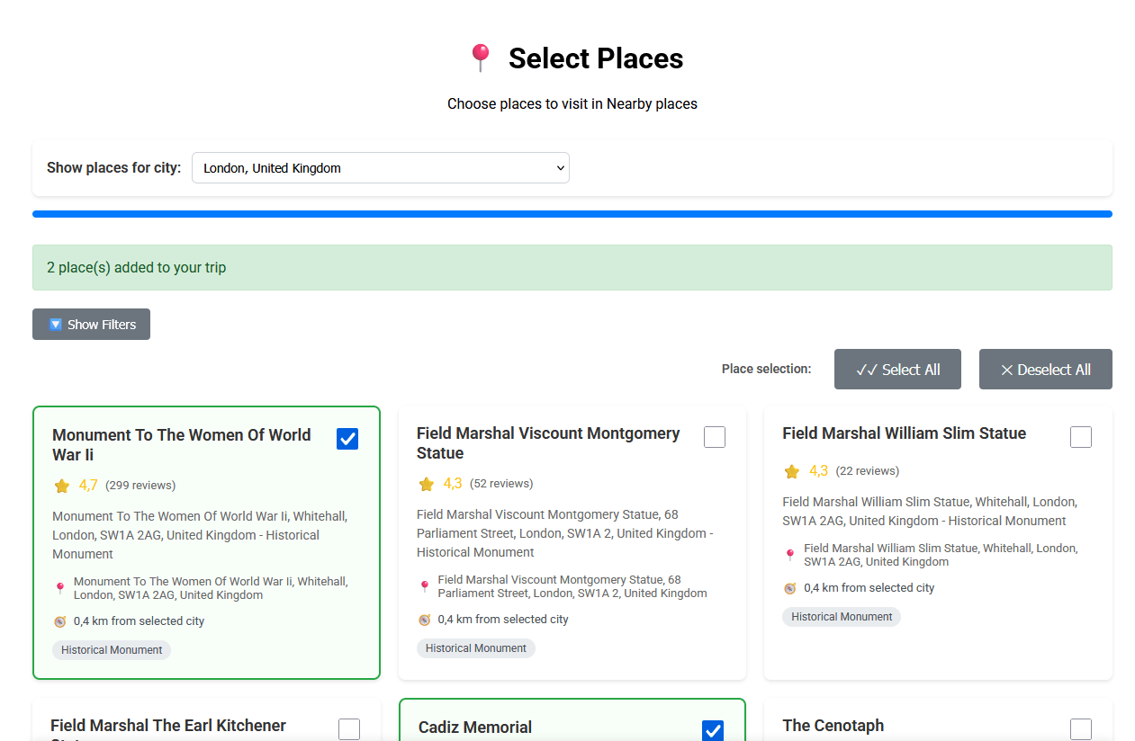 Nearby places filter and selection panel