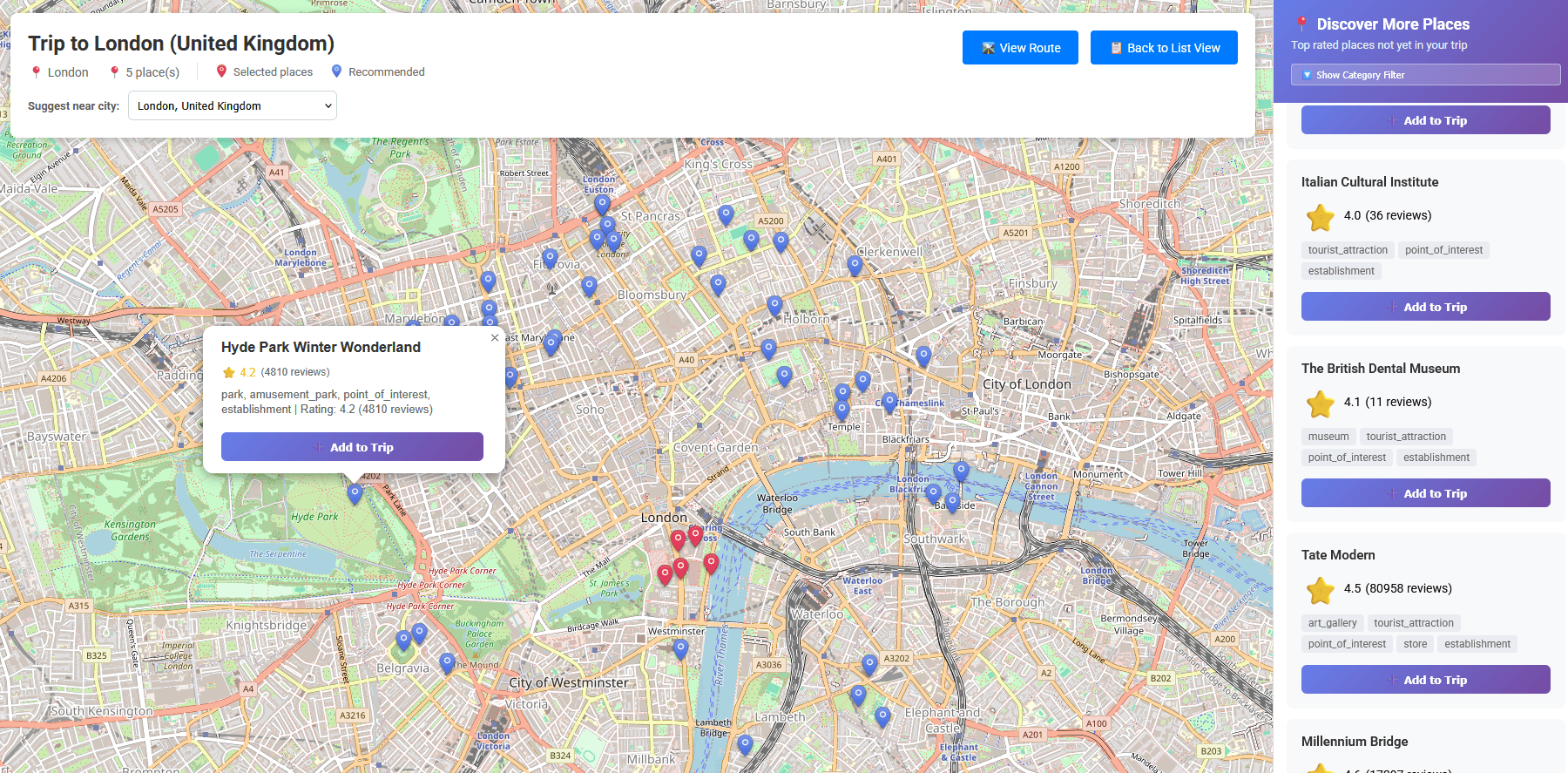 Adding suggested places to a trip on the interactive map