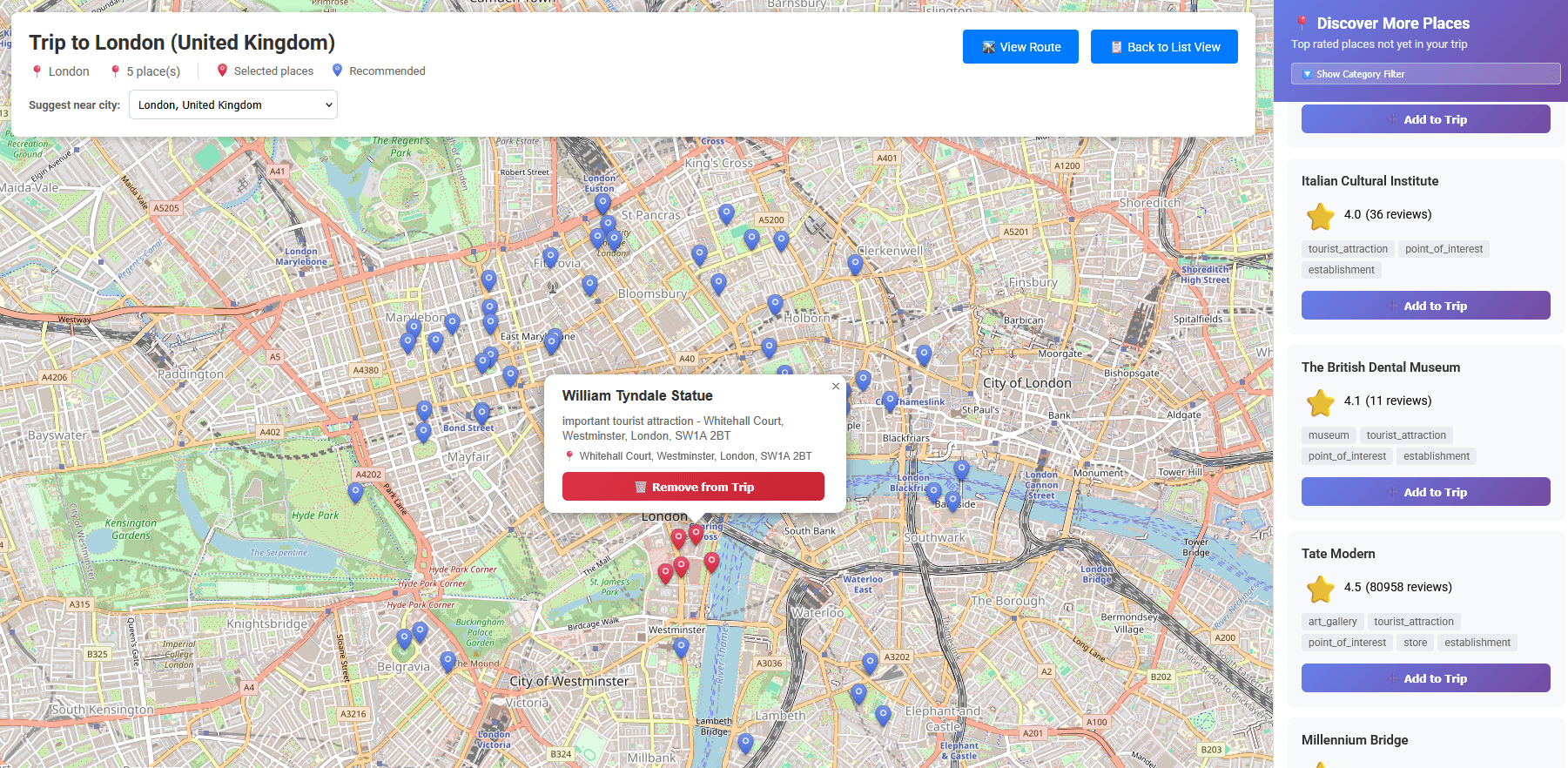 Removing a place from the trip on the interactive map