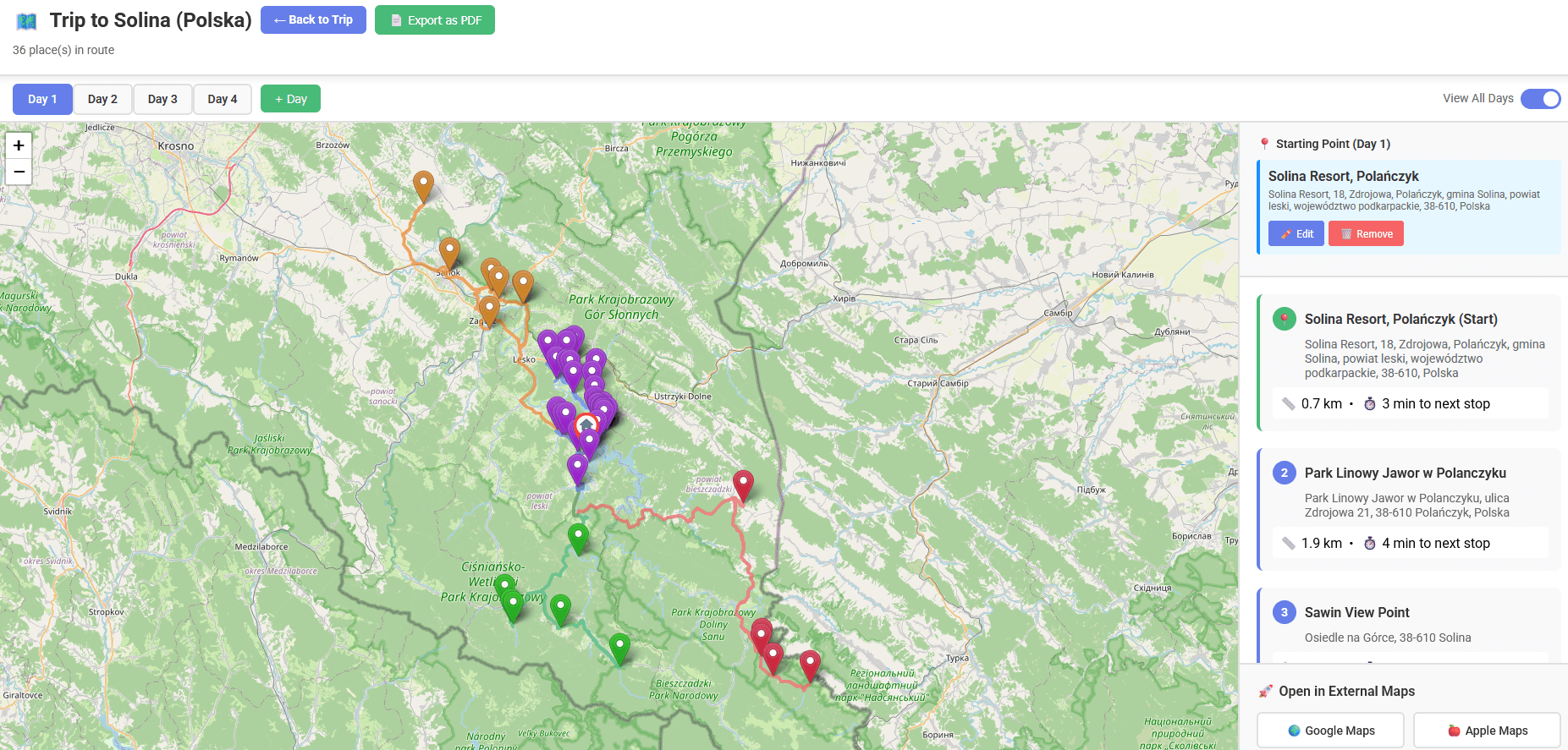 Optimised route displayed on map for each day of the trip